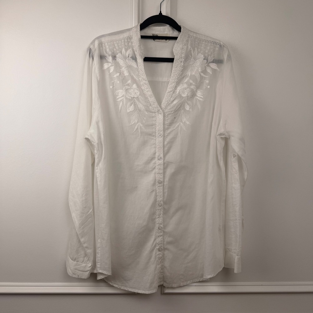 Magazine Womens White Cotton Embroidered Floral Blouse Long Sleeve Top Size M